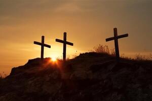 Tres cruces en contra con luz de sol, ai generativo foto