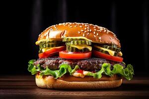 cheeseburger on black background with grilled meat, photo