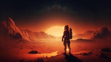 Astronaut stands looking at another planet, photo