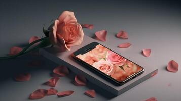 elegante teléfono con rosas alrededor, ai generativo foto