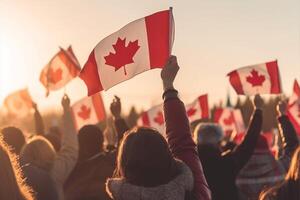 crowd hands waving flags of Canada, photo