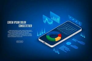 vector Finanzas y comercio en línea solicitud concepto. teléfono móvil y grafico holograma isométrico