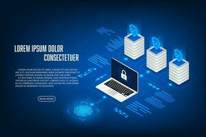 Vector isometric security server storage concept. Technology fingerprint unlock.