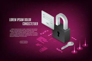 Vector isometric security systems with lock and key concept Technology abstract background.