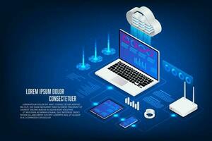 Vector isometric server storage, financial technology crypto currency stock exchange trade application concept. Laptop, tablet, mobile, router wifi and server isometric.