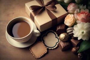 Chocolate balls truffles on a saucer next to a jar of candy and a Cup of coffee, photo