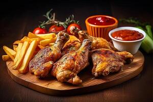 big wooden board with grilled chicken wings with french fries, photo