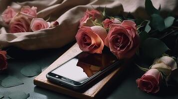 móvil teléfono con Copiar espacio y rosas, ai generativo foto
