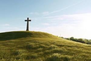 Wooden cross, close-up field, photo