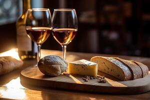 Wine, Baguette And Cheese, photo