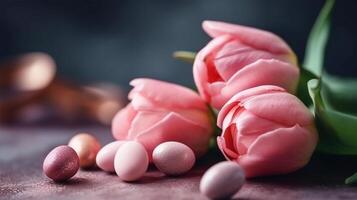Light pink tulips on a wood background, AI Generative photo