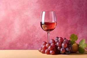 front view glass of wine with grapes on pink wall, photo
