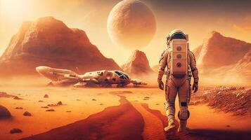 Astronaut with space vehicle exploring mars with mountains, photo