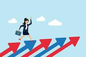 Career growth, growing business or leadership to overcome challenge, motivation to succeed, career development or ambition to success concept, confidence businesswoman walking up growth arrow stair. vector