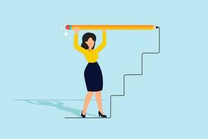 Create stair to success, growth or growing career path, planning for self improvement or leadership motivation, self made success concept, confidence businesswoman draw stair to climb up for success. vector