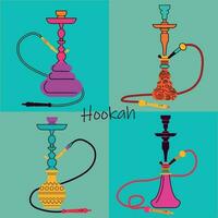 Set of various hookahs. Lounge bar logo concept. Vector illustrations on colored backgrounds.