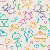 Seamless color vector pattern with cute baby doodles on a beige background. Design idea for children's drawings.