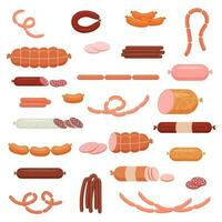 A set of cooked and smoked sausages, sausages, hunting sausages, whole sausage, half, cut, sausage string. Food, meat product. Vector illustration.