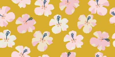mano dibujado hibisco flores, sin costura patrones con floral para tela, textiles, ropa, envase papel, cubrir, bandera, interior decoración, resumen antecedentes. vector