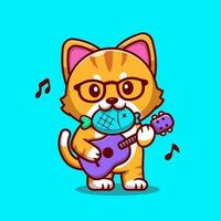 linda gato jugando guitarra con pescado dibujos animados vector icono ilustración. animal música icono concepto aislado prima vector. plano dibujos animados estilo