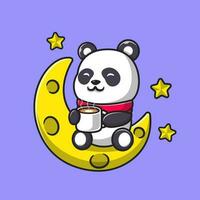 Cute Panda Drink Coffee On Moon Cartoon Vector Icon  Illustration. Animal Drink Icon Concept Isolated Premium  Vector. Flat Cartoon Style