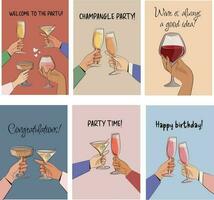 crystal wine glass martini champagne alcoholic drinks at party, party invitations birthday card vector