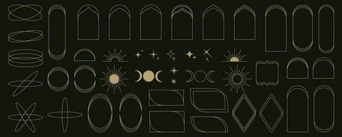 Set of minimalistic linear arch frames in modern minimalist Y2k aesthetic style. Abstract vector design outline elements - sun, moon, star, sparkle, geometric form for banner, social media, poster.