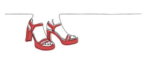 Continuous draw one line women shoes icon. Lady high heel sandals outline. Fashion shoe design. Elegant women's shoe with colored flat background. Vector illustration with single line drawing