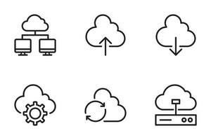 conjunto de nube informática línea iconos nube almacenamiento íconos colocar. compartir, intercambio, transferir, base de datos, redes, servidor, señal, software, informática, plataforma vector