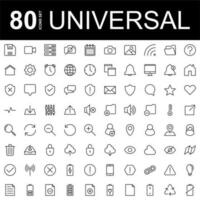 Universal icons set. set of 80 Universal line icons. chat, multimedia, mail, user, email, navigation, universal, search, contact, folder, computing, software, interface, calendar and website vector