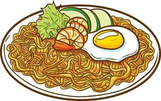 Seafood fried noodle, or Mie Goreng Seafood in Bahasa Indonesia. A cultural noodle food from Asia with additional seafood ingredients. vector