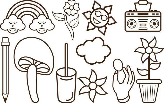 Hand drawn doodle 90's Retro element Clipart collection set.
