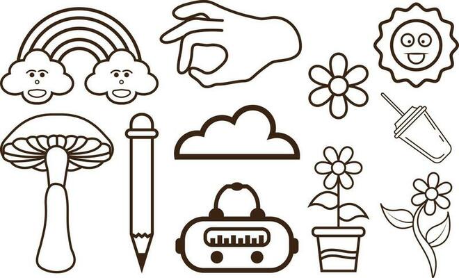 Hand drawn doodle 90's Retro element Clipart collection set.
