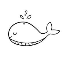 Cute doodle whale isolated on white. Vector outline marine illustration for coloring page