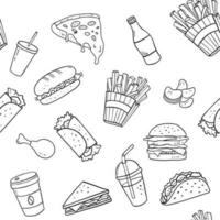 Seamless monochrome pattern with fast food for menu, packaging or cafe. Pizza, sandwich, donut, lemonade, ice cream and hot dog. vector