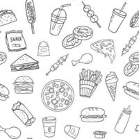 Seamless monochrome pattern with fast food for menu, packaging or cafe. Pizza, barbecue, sandwich, donut, lemonade, ice cream and hot dog. vector