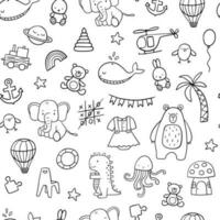 Doodle monochrome outline seamless pattern with childish cute illustrations. Funny line endless background for kids. vector