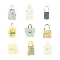 A set of mesh and textile bags for shopping, storage for an eco-friendly life. Eco shopping bags. Wasteless lifestyle concept. Vector illustration.