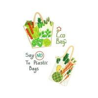 A set of mesh and textile bags for shopping, storage for eco-friendly living.  Reusable eco bags with organic fresh and natural products. Zero waste concept. Inscriptions. Vector illustration.