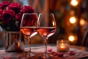 glasses of wine romantic dinner for valentine39s day concept, AI Generative photo