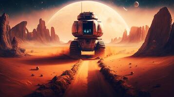 Mars rover on planet surface futuristic vehicle in martian desert at sunset, photo