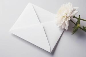 Romantic sign with white closed envelope and white rose, photo