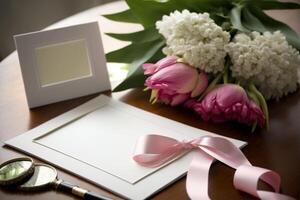 blank card on table with pink flowers and ribbons, photo