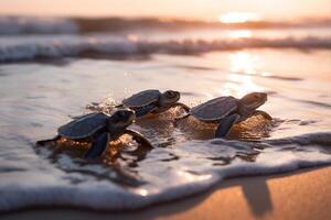 baby sea turtle crawling to ocean, photo