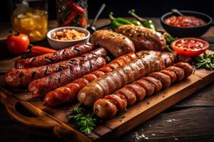 Assorted fried sausages on a grill, with sauce, AI Generative photo