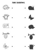 Find the correct shadows of black and white woodland animals. Logical puzzle for kids. vector