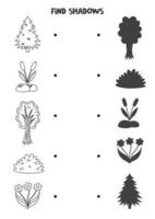 Find the correct shadows of black and white woodland flora. Logical puzzle for kids. vector