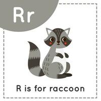 Learning English alphabet for kids. Letter R. Cute cartoon raccoon. vector