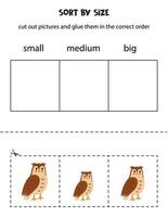 Sort cute owls by size. Educational worksheet for kids. vector