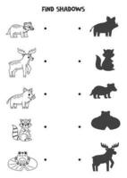 Find the correct shadows of black and white woodland animals. Logical puzzle for kids. vector